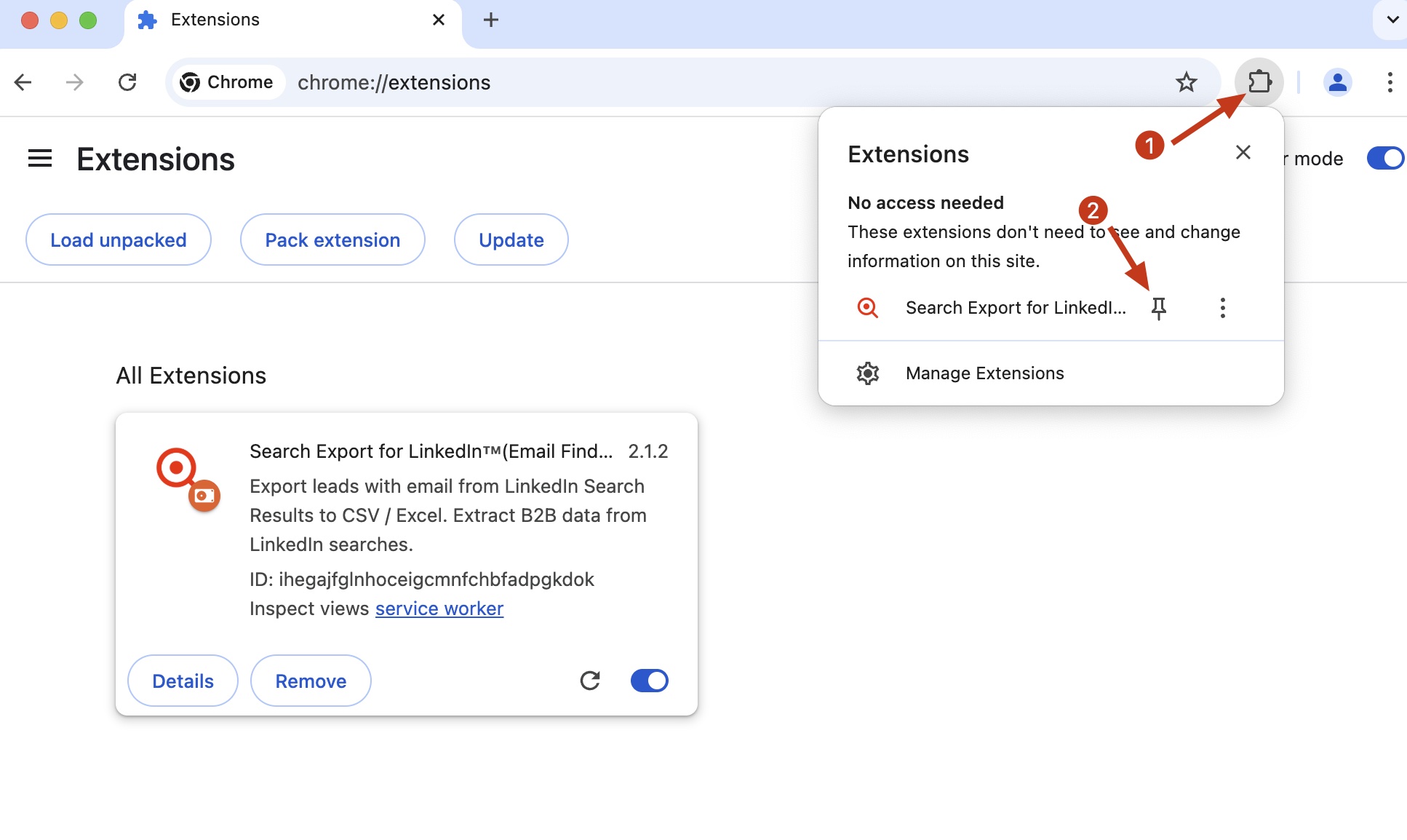 LinkedIn Search Exporter chrome extension install pin